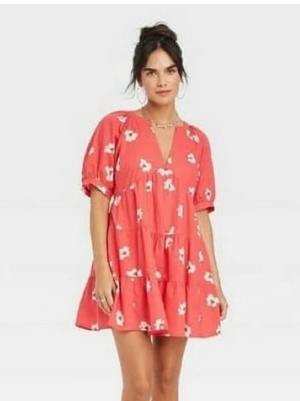 Universal Thread Coral Floral Puff-Sleeve Tiered Mini Dress XL NWT